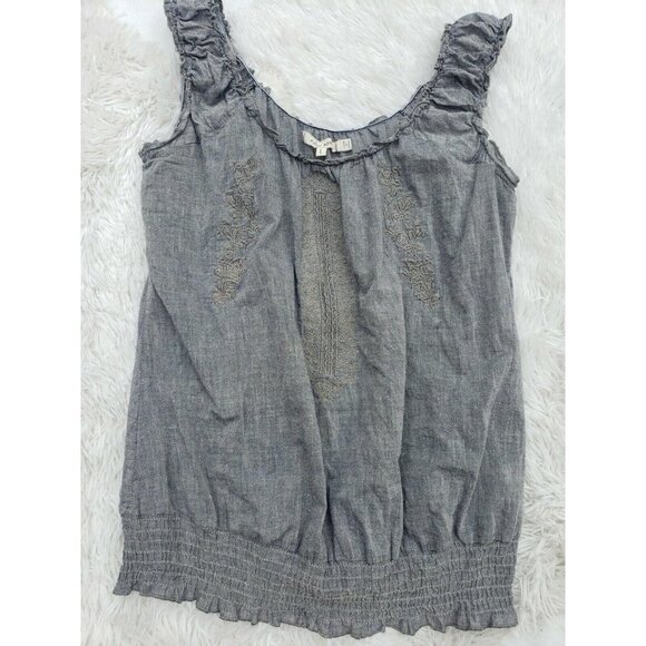 Embroidered Top Blue Large Dainty Bohemian Tank Elastic Trim Sleeveless - Picture 1 of 8
